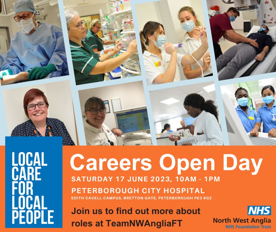 Last chance to book your ticket to our Careers #OpenDay! Only 3 days left to the 17th of June at 10:00 @PboroCityHosp. Book now! bit.ly/43EzTmw #Huntingdon @JCPInCambs  #Stneots #stamford #spalding #StIvesCambs #ely #CareerOpportunities  #TeamNWAngliaFT @CambsPboroICS