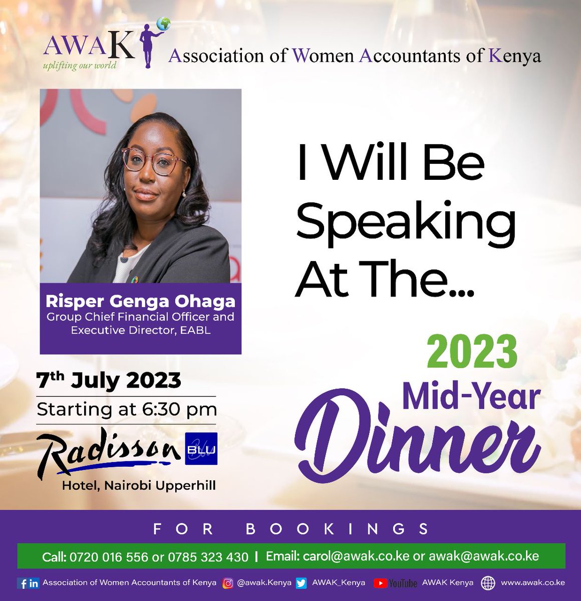 We are greatly honoured to have Risper Genga Ohaga
Group Chief Financial Officer & Executive Director, EABL- Plc speak to us on Strategic Professional Positioning at our 2023 Mid-Year Dinner.

Register today.
awak.co.ke/midyeardinner

#awakupliftingourworld #LeadershipDevelopment