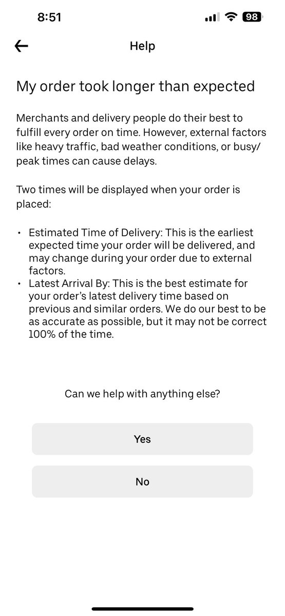 Malcahtweets's tweet photo. @UberEats how do I speak to a person for help? While I understand food is late - TWO HOURS is not a minor delay. this message is ridiculous considering my order arrived at 3:30pm. I need help! my only other option is canceling on my credit card since there is no way to reach CS! https://t.co/Mvoky6lOQs