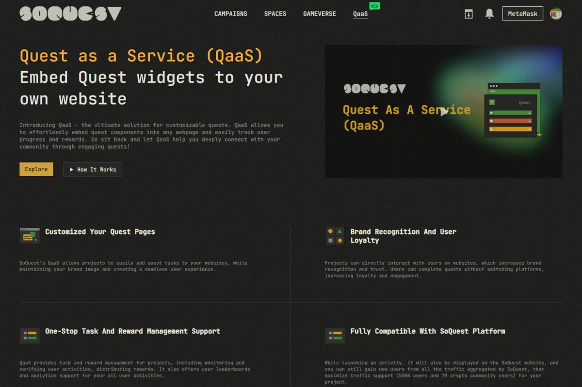 1> 🎉#SoQuest 𝗤𝘂𝗲𝘀𝘁 𝗮𝘀 𝗮 𝗦𝗲𝗿𝘃𝗶𝗰𝗲 (𝗤𝗮𝗮𝗦) solution is available now!

#QaaS allows you to effortlessly embed quest components into any webpage and easily track user progress and rewards.

➤ Check more: soquest.xyz/qaas