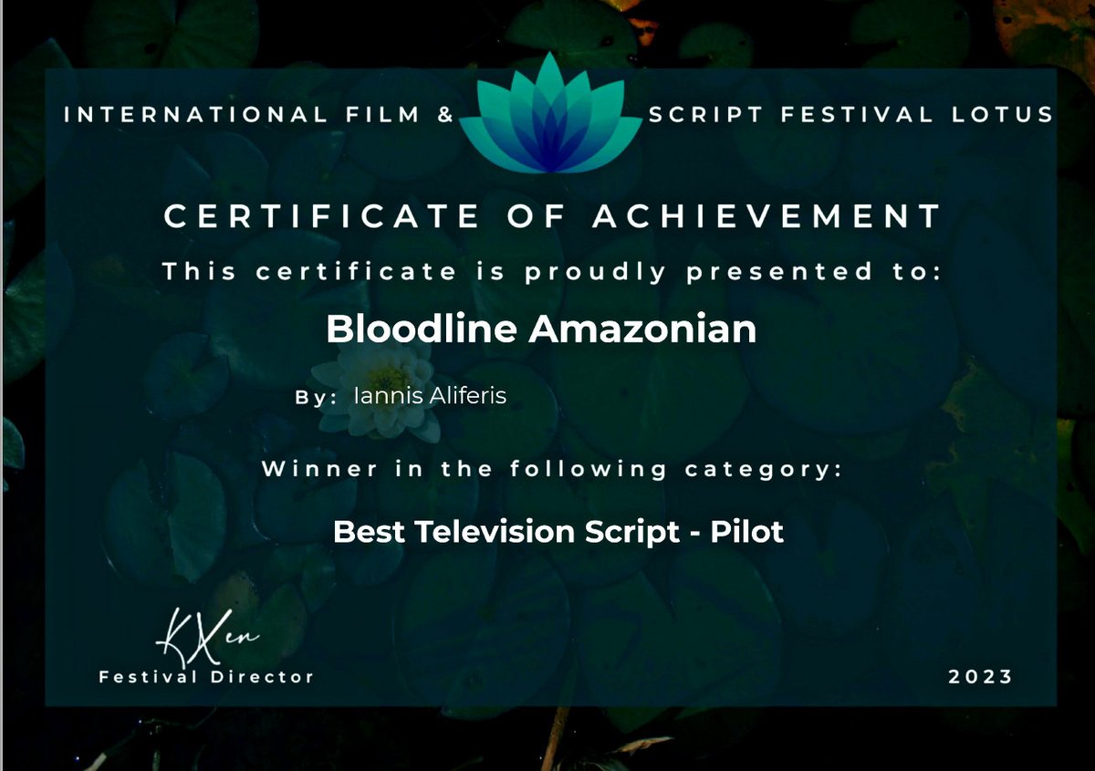 IannisAliferis1's tweet photo. Honored my #action #adventure #tv #pilot #screenplay #bloodlineamazonian is #awardwinner at #internationalfilm&scriptfestivallotus … #script available 4 #filmproducers #filmmakers #filmcompanies & #developmentexecutives ... #athens #bestpilotscript #filmfestival https://t.co/zLTgFPVkRB