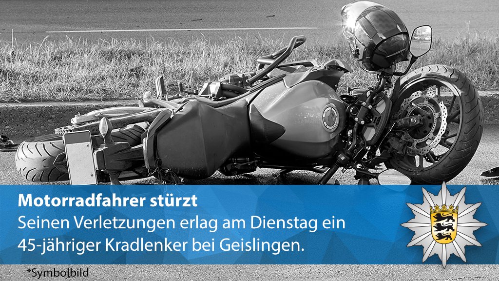 PolizeiUL's tweet photo. ++ Tödlicher #Motorradunfall ++
Aus bislang ungeklärter Ursache verlor gestern ein Mann zw. Türkheim &amp; Geislingen die Kontrolle über sein #Motorrad &amp; stürzte. Er rutschte über die Fahrbahn &amp; wurde von einem entgegenkommeden Fahrzeug erfasst. Wir ermittlen!
https://t.co/XIkJCuU509 https://t.co/sMBF8Wg2ub