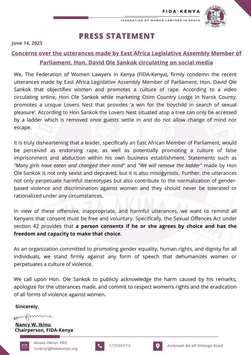 📢#PressRelease 

We firmly condemn the recent utterances by EALA MP Hon. David Ole Sankok that objectifies women and promotes a culture of rape. It is truly disheartening that a leader perceived as endorsing rape &amp; a culture of false imprisonment 
➡shorturl.at/ahRT5