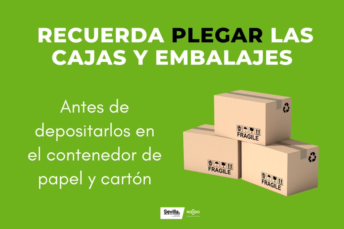Ayto_Sevilla's tweet photo. 📦 ¡Recuerda! Si pliegas las cajas de cartón ayudas a maximizar la capacidad del contenedor y facilitas la labor de @LipasamSevilla.
♻️ Es importante separar las cajas y el papel del envoltorio para depositarlos en el contenedor adecuado.
#CuidaTuCiudad #CumpleTuParte https://t.co/AWxCnTaLmp