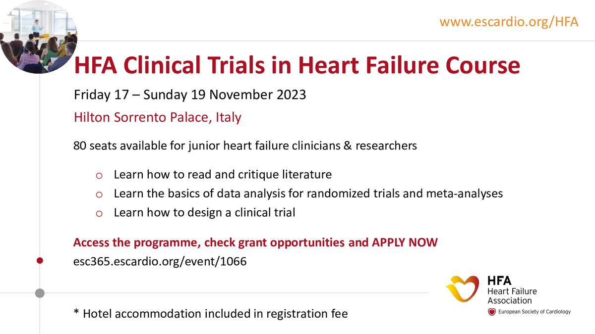 I'm beyond excited to announce the Clinical Trials in HF Course. 3 Days. Learn how to: ▶️ how to design trials ▶️ how to analyze data ▶️ how to read correct literature ▶️ practice @GMCRosano @MarcoMetra @_antocannata @SotiriaLiori @ARakisheva @GianluSava @cardioceptor