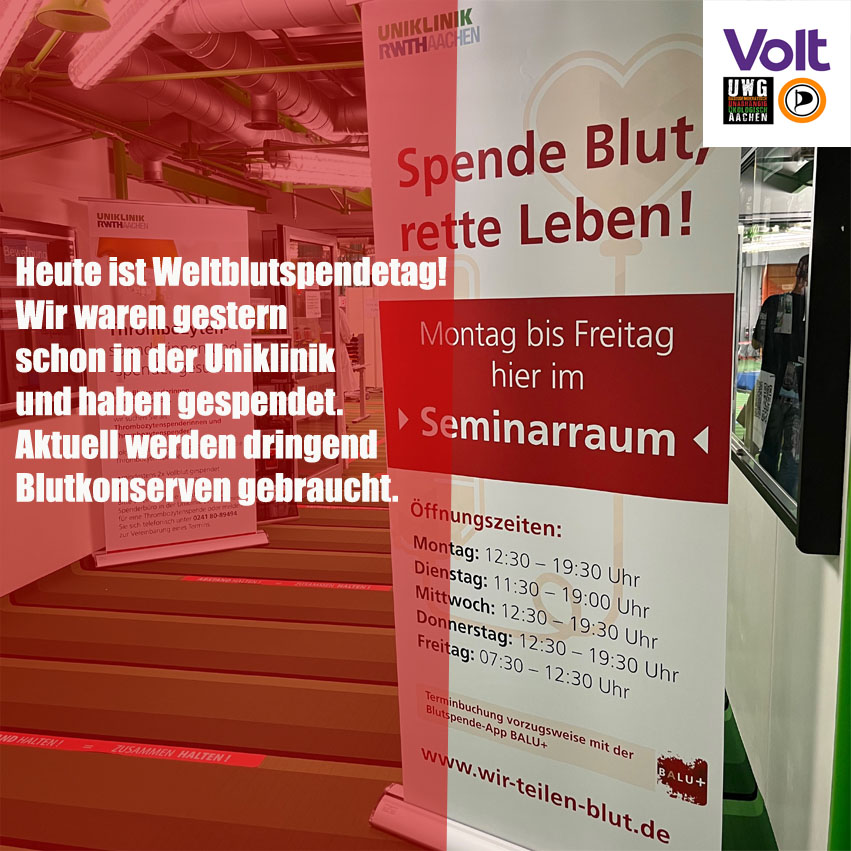 ZukunftAC's tweet photo. Heute ist #Weltblutspendetag! Wir waren gestern in der @UniklinikAachen und haben gespendet. Aktuell werden dringend Blutkonserven gebraucht.
#Weltblutspendetag #aachen #blutspende #blutspendenrettetleben https://t.co/NDs9Z7igF4
