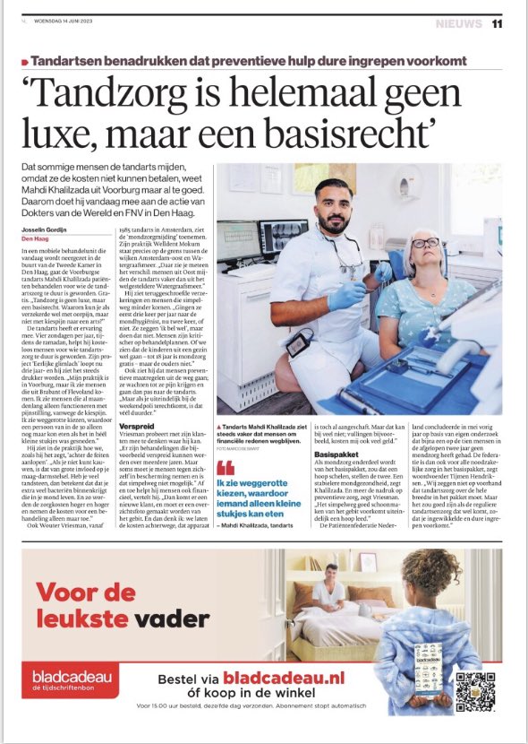 ‘Tandzorg is geen luxe, maar een basisrecht. Waarom kun je als verzekerde wel met oorpijn, maar niet met kiespijn naar een arts?’, tandarts Mahdi in <a href="/ADnl/">AD.nl</a> @ <a href="/parool/">Het Parool</a> 
Samen met <a href="/doktersvdwereld/">Dokters van de Wereld (NL)</a> willen wij als FNV mondzorg terug in het basispakket ad.nl/gezond/breng-t… #mondzorg