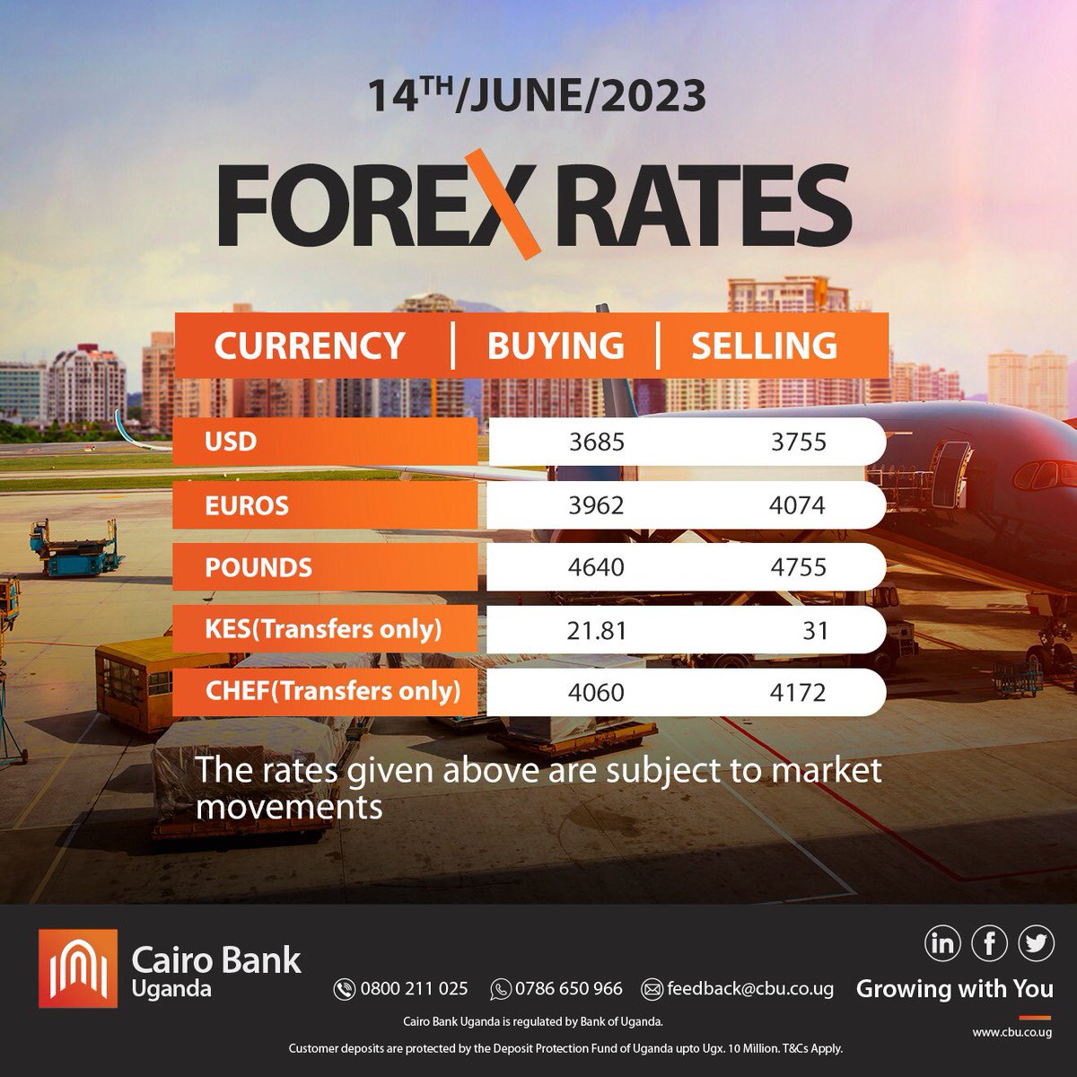 Forex Rates | 14 June, 2023

⚠️ Rates given are subject to market movements❗️

#CairoBanks #ForexRates #Money #MoneyMatters #MoneyInTheBank #Rates #Forex #ForexBanking #MoneyExchange #commerce #MoneyTalks #MoneyTips