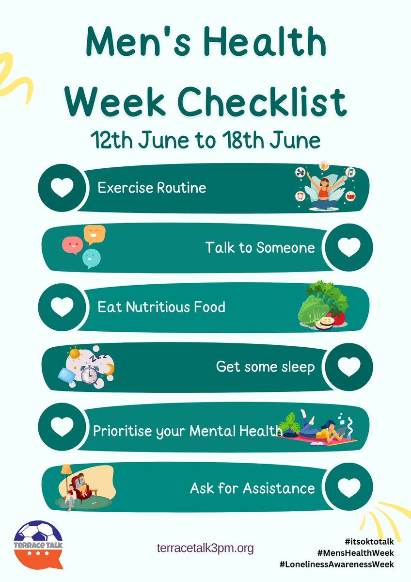 TerraceTalk3pm's tweet photo. Let's take a moment to recognise the importance of men's well-being and encourage them to prioritise their physical and mental health! 🚴‍♂️🥦🥕🧘‍♂️

#MensHealthWeek  #LonelinessAwarenessWeek #itsoktotalk #mensmentalhealth https://t.co/H5kjFUIxWn