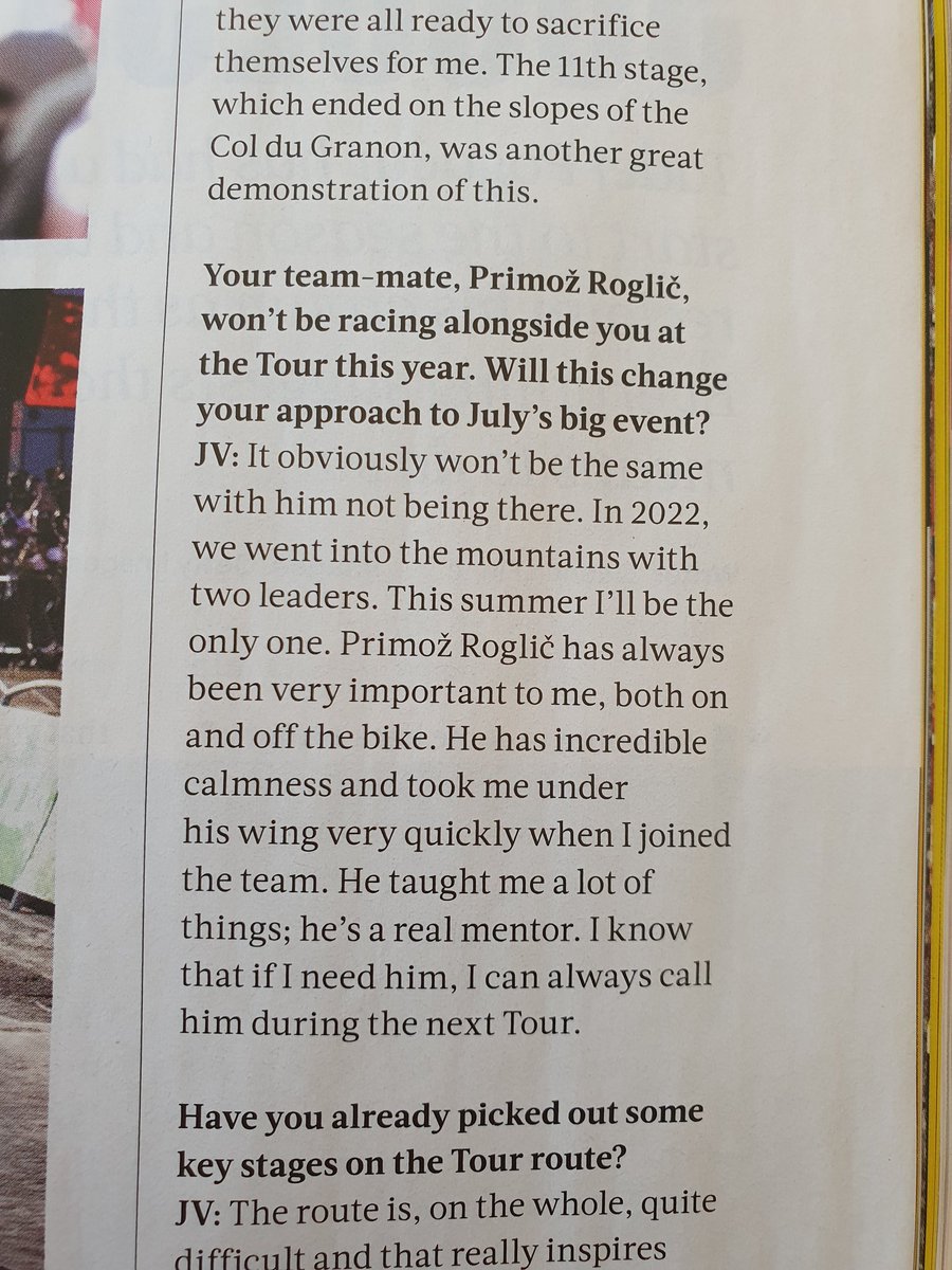 Reading the official Tour de France race guide and the interview with Jonas Vingegaard 🇩🇰... Found this littlw paragraph about Primož Roglič 🇸🇮 interesting. I had no idea this was the relationship between the two of them. #TDF2023