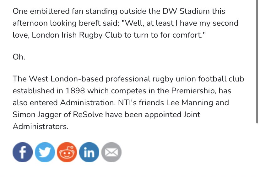 ‘Very well respected figure in the insolvency world’ appears to have drawn a direct line from the high court order to administration…detouring only for a bizarre chat with a London Irish fan who happened to be standing outside the DW Stadium at just the right moment… 💩 #wafc