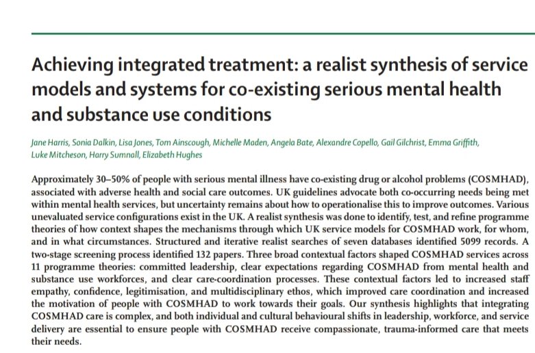 Our new realist synthesis paper published today in Lancet Psychiatry from <a href="/OstudyRec/">RECOstudy</a> (led by @LizHughesDD) focusing on service models for co-occurring serious mental health and substance use conditions. This thread summarises our key findings: