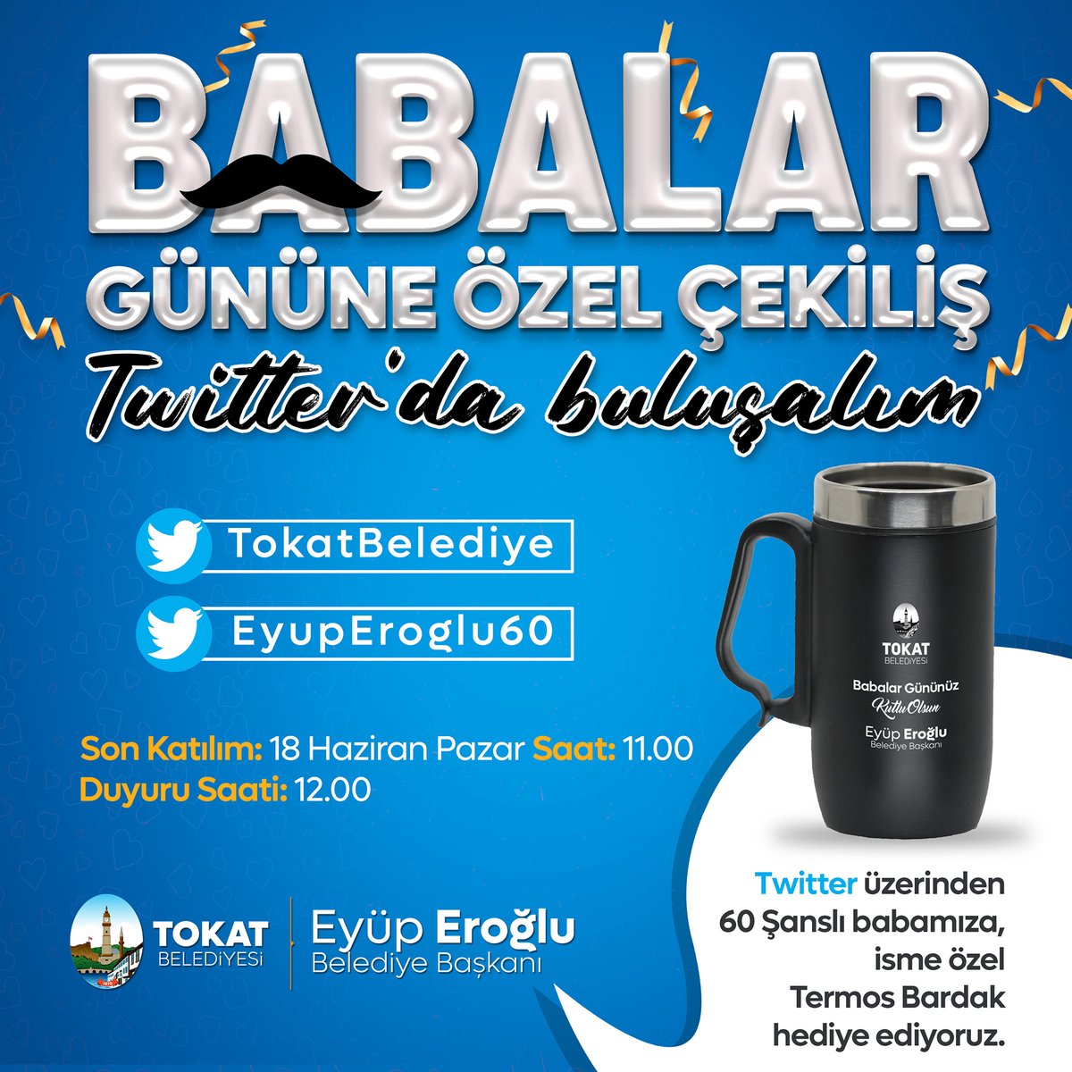 EyupEroglu60's tweet photo. BABALAR GÜNÜNE ÖZEL ÇEKİLİŞ 🎁

Tüm Babalarımızın Babalar Gününü şimdiden kutlar, Twitter üzerinden düzenleyeceğimiz çekilişimize bekleriz.

Katılım için: 
Twitter'da ⤵️
☑️@TokatBelediye ve @EyupEroglu60 hesaplarını Takip Et
🩷 Bu Twiti Beğen ve RT Et
✍️Yoruma "Katıldım" Yaz veya Arkadaşlarını Etiketle

🫖 Çay tadında güzel günleriniz olsun diye 6⃣0⃣ Şanslı Babamıza, ismine özel Termos Bardak hediye edeceğiz.