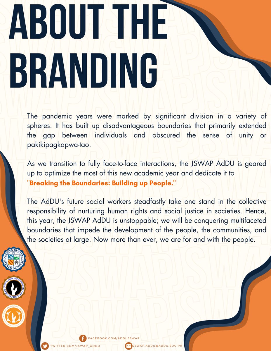 JSWAP_AdDU's tweet photo. From division to unity, the pandemic years have taught us the importance of breaking boundaries and building people. Come and be a part of JSWAP AdDU as we overcome challenges, promote the protection of human rights, and cultivate a society grounded in social justice. https://t.co/t1uTSQEAej