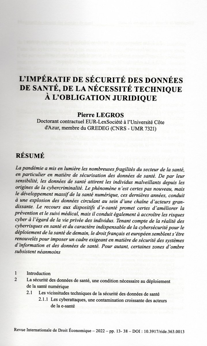 📢 Ravi de partager avec vous la publication  de mon article sur « L'impératif de sécurité des données de santé, de  la nécessité technique à l'obligation juridique » dans le numéro 2022/3  de la Revue internationale de droit économique

cairn.info/revue-internat…