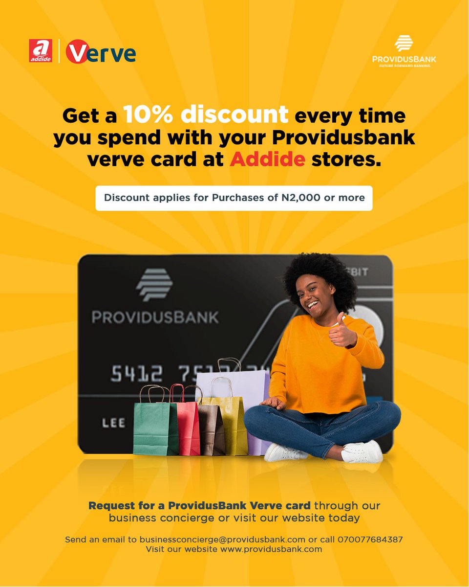Providusunity's tweet photo. Enjoy a 10% Discount on every purchase made at Addide Store with your #ProvidusBank Verve Card.
Need a card? Request one here >> https://t.co/oqZcLiTNRi.
Don't have an account? Open one today and get a #ProvidusBankVerve card >> https://t.co/yuAcXTktp2.
#CardBusiness #DebitCard https://t.co/w8SUEW7tJt