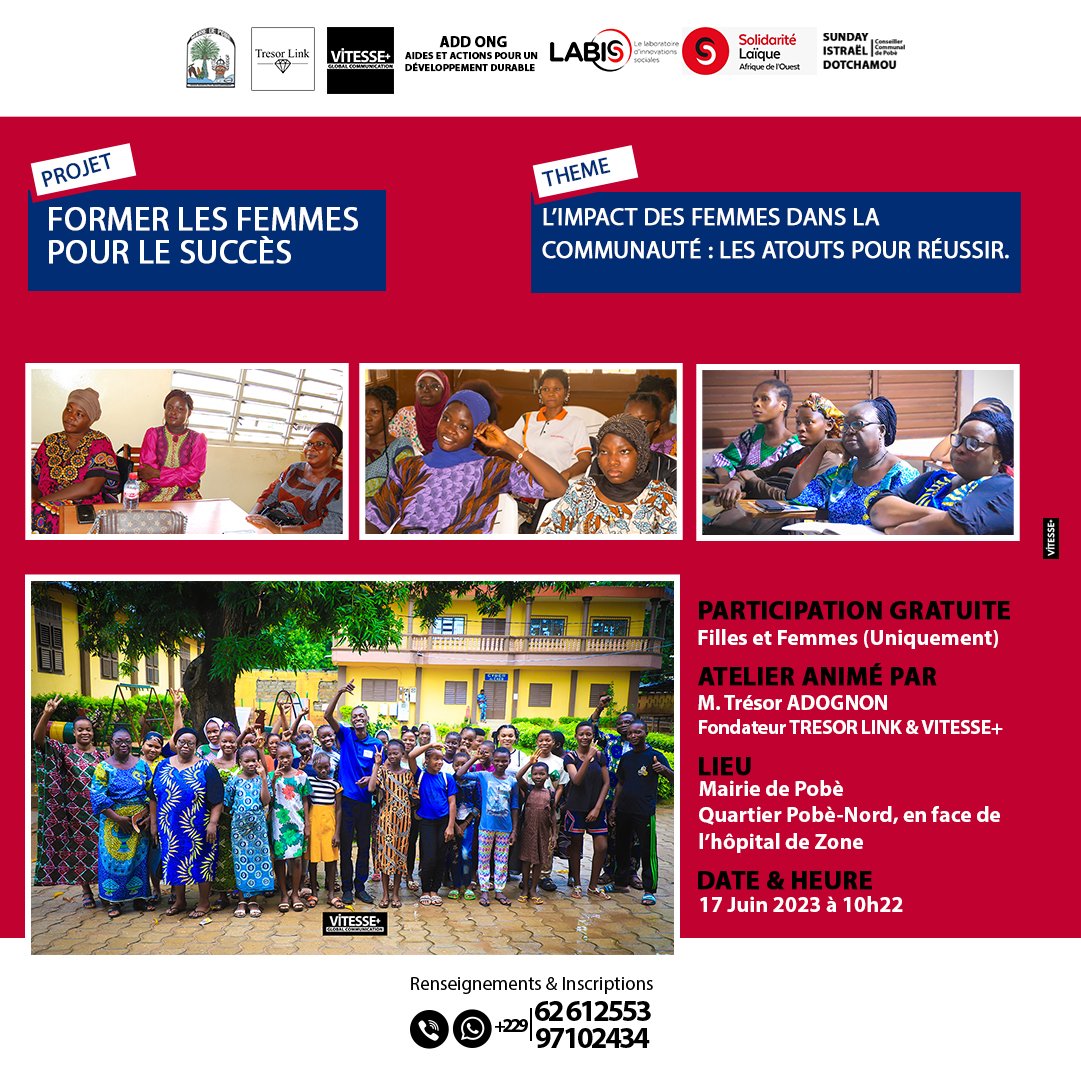 TresorLink's tweet photo. [FORMER LES FEMMES POUR LE SUCCÈS] 
Nous serons à Pobè le 
Détails : https://t.co/opdSKjGmJP
Les inscriptions sont ouvertes. 

#TresorLink
#VitessePlus
#LABISPorto
#FormerFemmeSucces
#TresorAdo
#Benin 
#Education 
#Communication https://t.co/9eVKs5OLEU