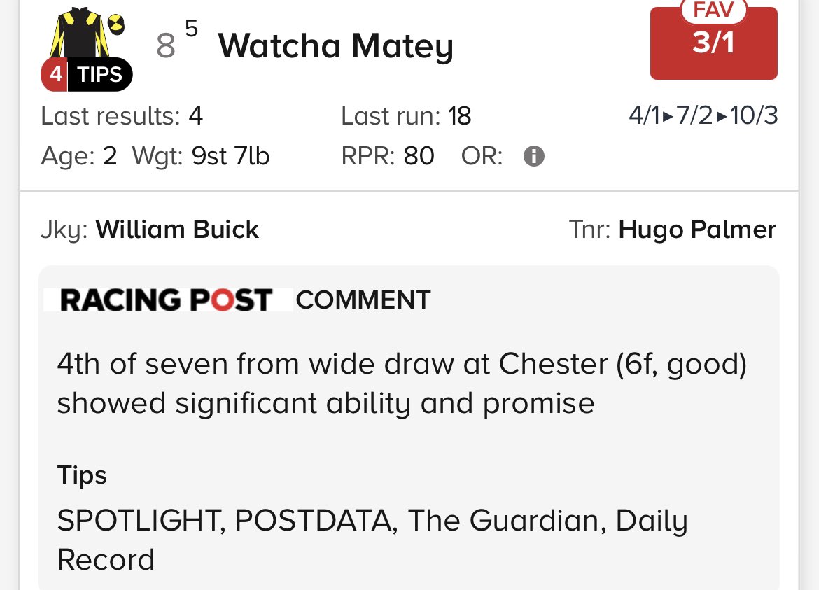 3.15 haydock. Buick in the saddle and will be sure to put the experience of the only horse in the race with a previous run under the belt, ran a nice race in a much hotter race last time. Goes very close🍀