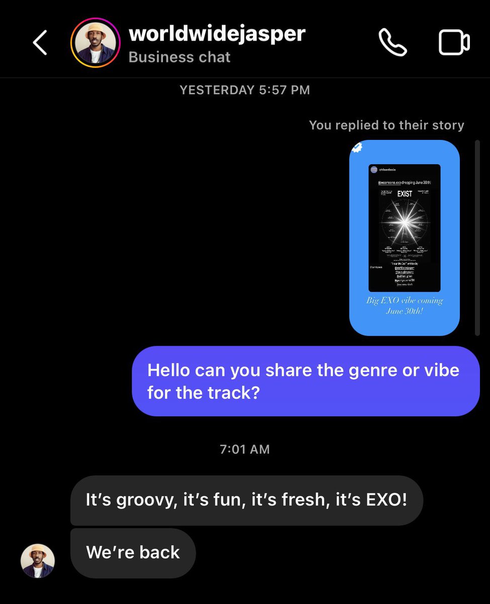 a fan asked one of ‘hear me out’ producers/songwriters what genre/vibe the track would be and he replied “it’s groovy, it’s fun, it’s fresh, it’s exo!” 😯🤔🧐

(cr: deeyohgyungsoo)