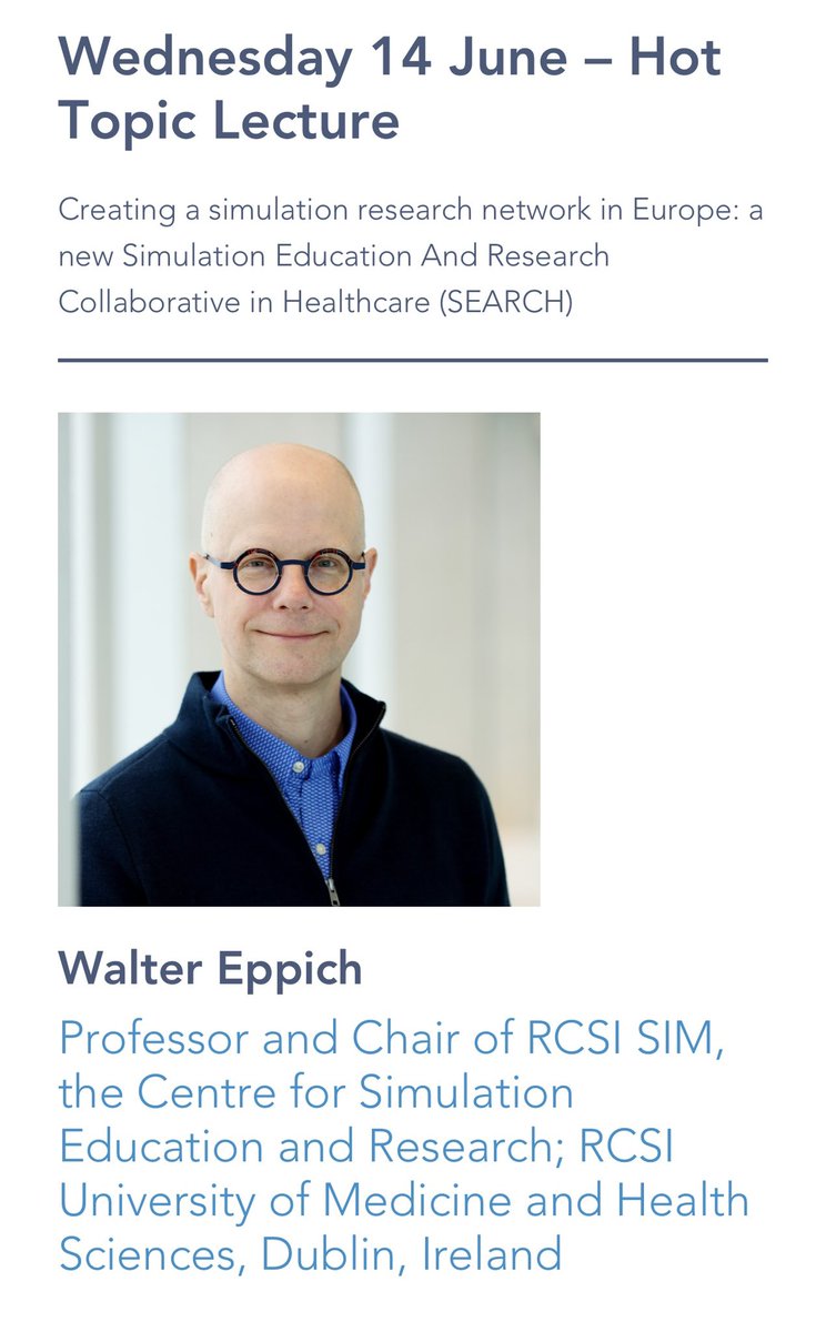 Looking forward to hearing @WalterEppich at the hot topic at noon describing SiReN work: Creating a simulation research network in Europe: a new Simulation Education And Research Collaborative in Healthcare (SEARCH) sesam-web.org/initiatives/ #SESAM2023