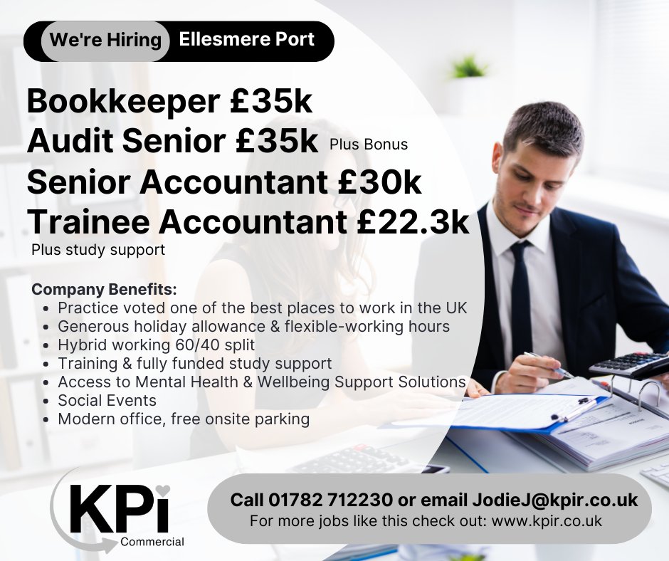 **FINANCE VACANCIES** Ellesmere Port. Leading Accountancy Practice. Call Jodie on 01782 712230 or email JodieJ@kpir.co.uk. Find all our #accountantjobs & #financejobs here: bit.ly/KPIProf
