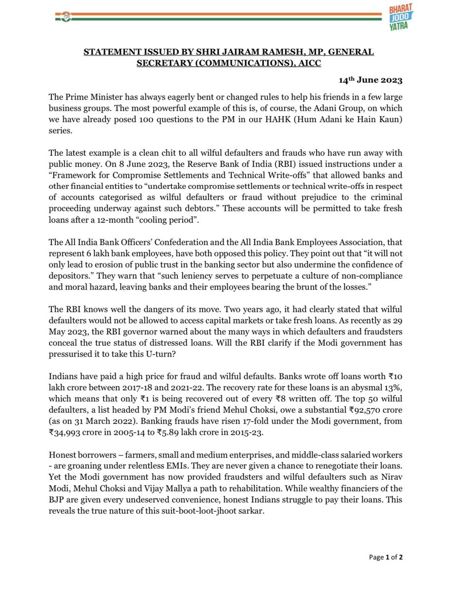 Jairam_Ramesh's tweet photo. The RBI must clarify why it has changed it’s own rules with regards to ‘wilful defaulters’ and ‘frauds’.
This despite the All India Bank Officers’ Confederation and the All India Bank Employees Association clearly stating this move would “erode public trust in the banking sector, undermine the confidence of depositors, perpetuate a culture of non-compliance and leave banks and their employees bearing the brunt of the losses.”
My statement on RBI’s u-turn: