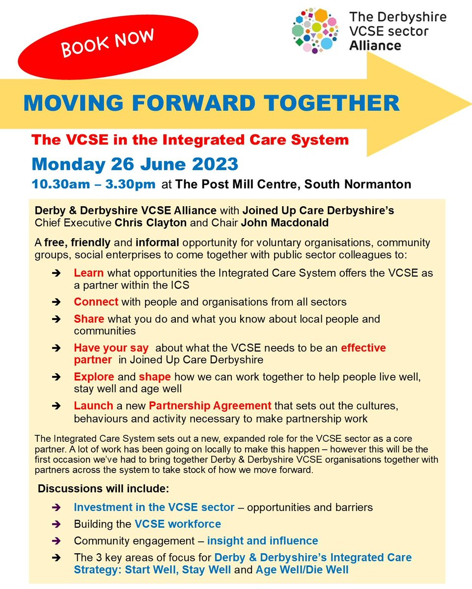 ✨ Moving Forward Together Event ✨

A Voluntary Sector in the Integrated Care System Event

BOOK NOW 👉 …gforwardtogether2023.eventbrite.co.uk

A rare opportunity to engage directly with those who plan and commission services.

#voluntarysector #voluntaryservices #derbyshirementalhealth