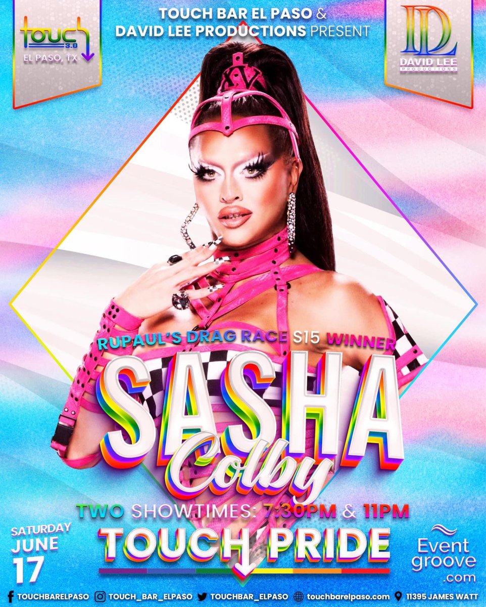 touchbar_elpaso's tweet photo. This Saturday the GODDESS @sashacolby and the QUEEN @chevellebrooks take over the #stageoftexas at @touchbar_elpaso with two amazing shows celebrating Trans Pride Weekend as part of our month-long #touchpride festivities! #DragRace #elpasopride #Pride #Pride2023 #touchbarelpaso https://t.co/ah3k42S0rR