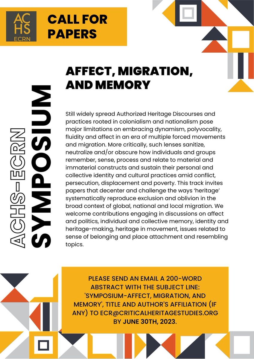 Call for Papers:
📷The Early Career Researchers Network of the Association of Critical Heritage Studies (ACHS) is organising a symposium, "Heritage Justice II: Contestation, Motion, and Emotion".
📷Deadline for abstract submissions: June 30th.
#CfP #MemoryStudies #MSA