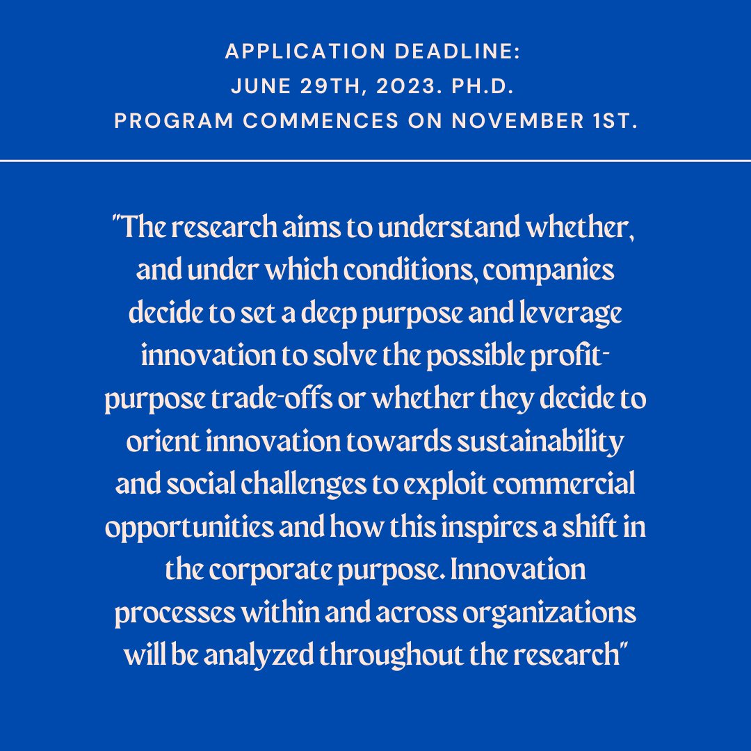 @POLIMI_GSoM is pleased to announce a new fully funded #PhD Scholarship focusing on the relationship between corporate deep purpose and innovation management. ⏳ Application deadline: June 29th, 2023. Ph.D. program commences on November 1st lnkd.in/dm_mwCfr