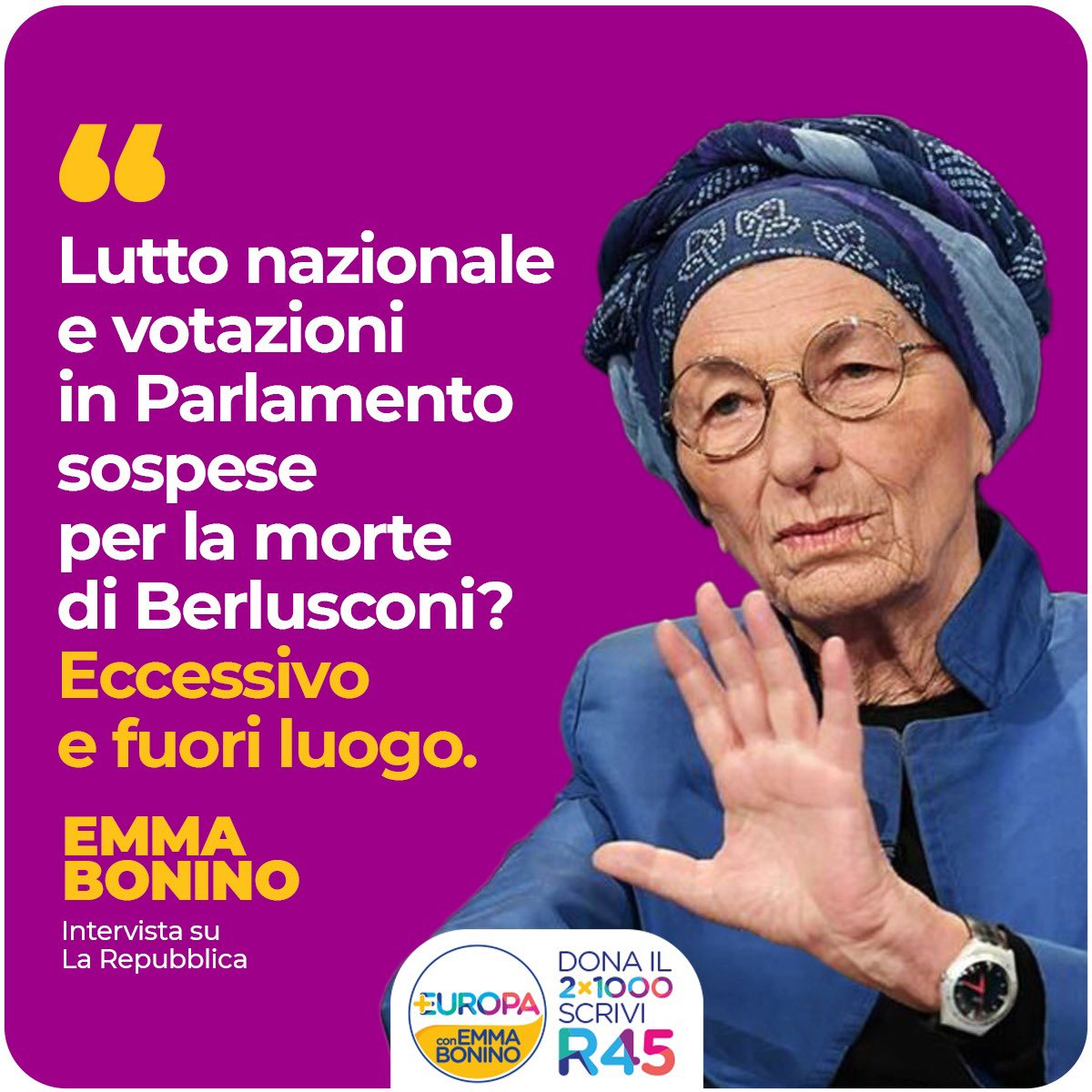 emmabonino's tweet photo. Nessuna discussione sul fatto che siamo di fronte alla morte di una figura che ha dominato anche la scena politica più a lungo di chiunque altro. Il Parlamento però, a parte naturalmente il giorno del funerale, non aveva alcuna ragione di sospendere le votazioni. 

Del resto anche a Mediaset si lavora e si va in onda. 

Meloni ha voluto il lutto nazionale, mai deciso, che ricordi, per la morte di ex presidenti del Consiglio che non fossero stati poi anche presidenti della Repubblica, come Giovanni Leone e Carlo Azeglio Ciampi. 

Non voglio polemizzare, ma potevano essere sufficienti i funerali di Stato, come da prassi. La destra vuole anche celebrare se stessa. 

La mia intervista a @repubblica: https://t.co/d3iZMmFo3a