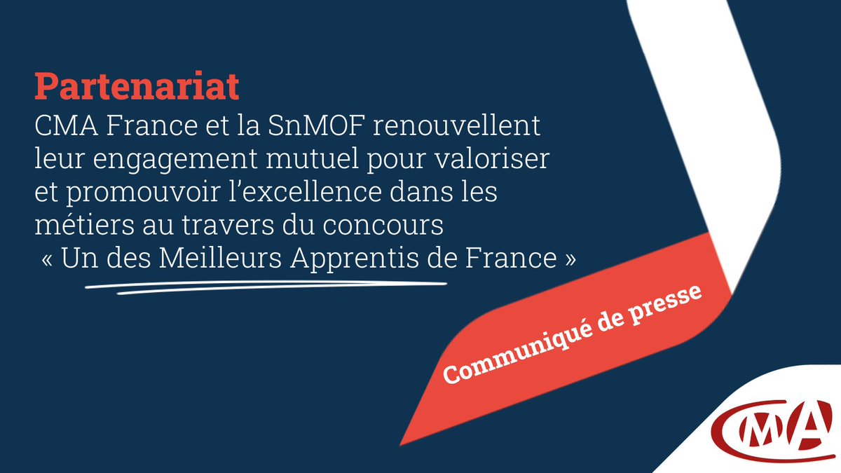 🤝Le réseau des #CMA et la <a href="/SocieteMOF/">MOF</a> renouvellent leur engagement mutuel pour valoriser et promouvoir l’excellence dans les métiers au travers du concours « Un des Meilleurs Apprentis de France » #MAF sur tout le territoire.

Communiqué ➡️bit.ly/3JefixE
#partenariat
