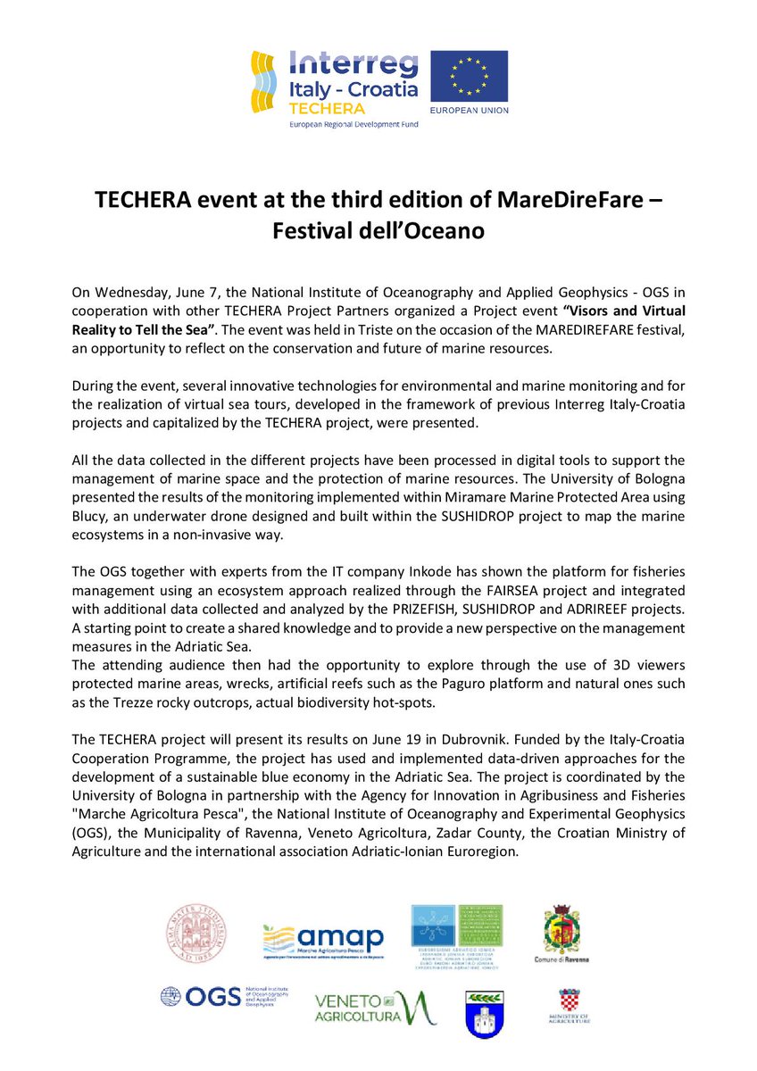 AdriReef2019's tweet photo. TECHERA event “Visors and Virtual
Reality to Tell the Sea” at the 3rd edition of MareDireFare –Festival dell’Oceano (Trieste, June 7)
@adriaticionian1  @ComunediRavenna @VenetoAgricoltu @TecheraProject @ItalyCroatia https://t.co/ZiT3857zBl