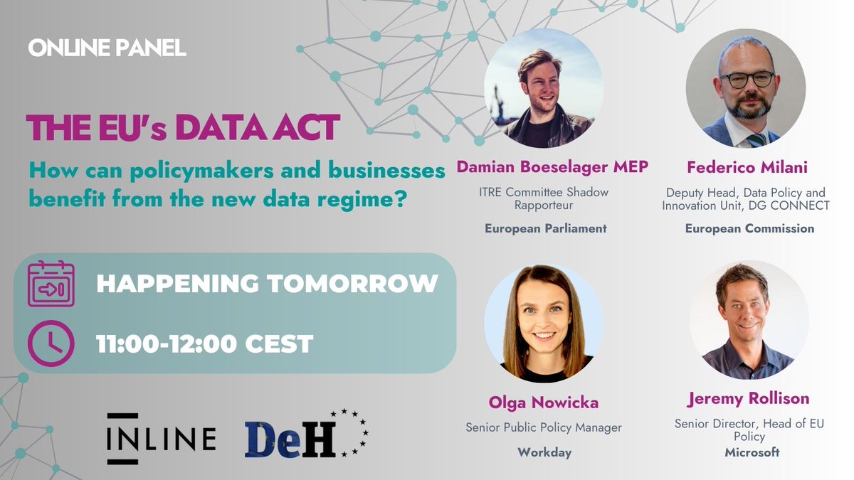 📢 HAPPENING TOMORROW 📢 🔎 The EU's Data Act. How can policymakers and businesses benefit from the new data regime? 📅 15 June 2023 ⌚ 11:00-12:00 CEST ✍️ bit.ly/42gmXSN @InlinePolicy🤝@DeHavillandEU