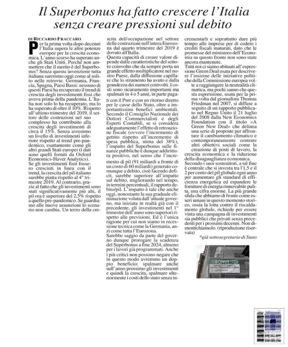 Riccardo Fraccaro (@riccardo_fra) on Twitter photo #SuperBonus: la più grande sfida che abbiamo di fronte, ossia la lotta al riscaldamento globale, richiede per essere vinta una campagna di investimenti sia pubblici che privati senza precedenti per i prossimi decenni. Non dimentichiamolo.
Il mio articolo su <a href="/MilanoFinanza/">MilanoFinanza</a> #SuperBonus: la più grande sfida che abbiamo di fronte, ossia la lotta al riscaldamento globale, richiede per essere vinta una campagna di investimenti sia pubblici che privati senza precedenti per i prossimi decenni. Non dimentichiamolo.
Il mio articolo su <a href="/MilanoFinanza/">MilanoFinanza</a>