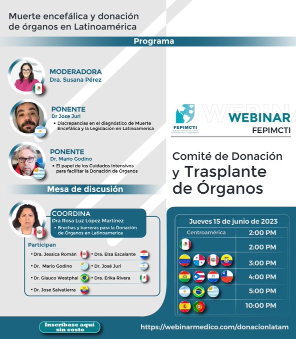📌 Mañana jueves 15 de junio organizamos un webinar sobre 'Muerte encefálica y donación de órganos en Latinoamérica', con dos ponencias y una mesa redonda de expertos.  📷 Registro gratuito en webinarmedico.com/donacionlatam¡Contamos contigo!