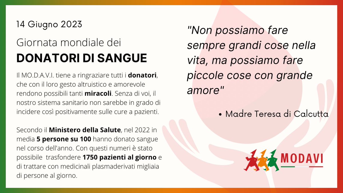 📆 Oggi è la Giornata Mondiale dei Donatori di Sangue! ❤️
Vogliamo rendere omaggio a tutte le persone coraggiose e generose che donano il loro sangue per salvare vite umane.

Il nostro contributo conta!

#GiornataMondialeDeiDonatoriDiSangue #DonazioneDiSangue #Solidarietà #modavi