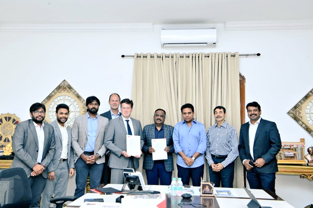 MinisterKTR's tweet photo. The executive leadership team of NIJL, a Netherlands-based major in aircraft docking engineering, met with IT and Industries Minister @KTRBRS and announced their plans to establish a manufacturing joint venture in Hyderabad. The NIJL delegation was led by its CEO Mr. Nobert Pieterse.

NIJL is a global leader in aviation docking systems and ground support equipment stands, providing support to airlines and MROs worldwide. 

Principal Secretary of the IT and Industries Departments, @jayesh_ranjan, and the Director of Aerospace & Defence, @praveenpa23 were also present at the meeting.