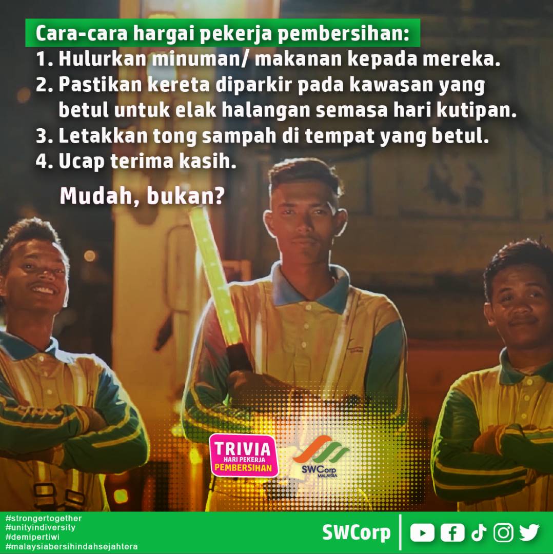 swcorp_my's tweet photo. Kongsikan kepada semua, apa pula cara anda hargai pekerja pembersihan?
 
#17jun #haripekerjapembersihan #gmd #strongertogether #unityindiversity #demipertiwi #malaysiabersihindahsejahtera https://t.co/r58vjpRIk7