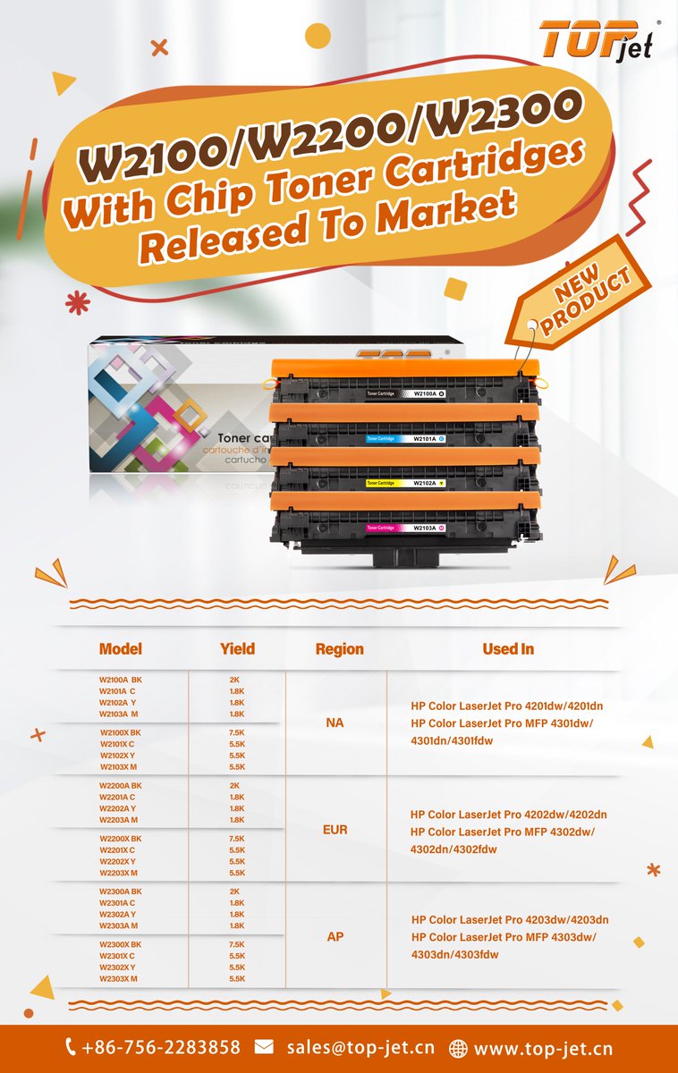 TopjetTech's tweet photo. 🤲 Hot new arrival
W2100/W2200/W2300 Series Color Toner Cartridge With Chip
✔ Two capacities for your choice
✔Boost up your efficiency
✔Excellent Printing Performance
👇 Click the website for more product information  
https://t.co/P367ICrTnu 
 
#topjet #toner #cartridge https://t.co/QQ1Dr6Gitu