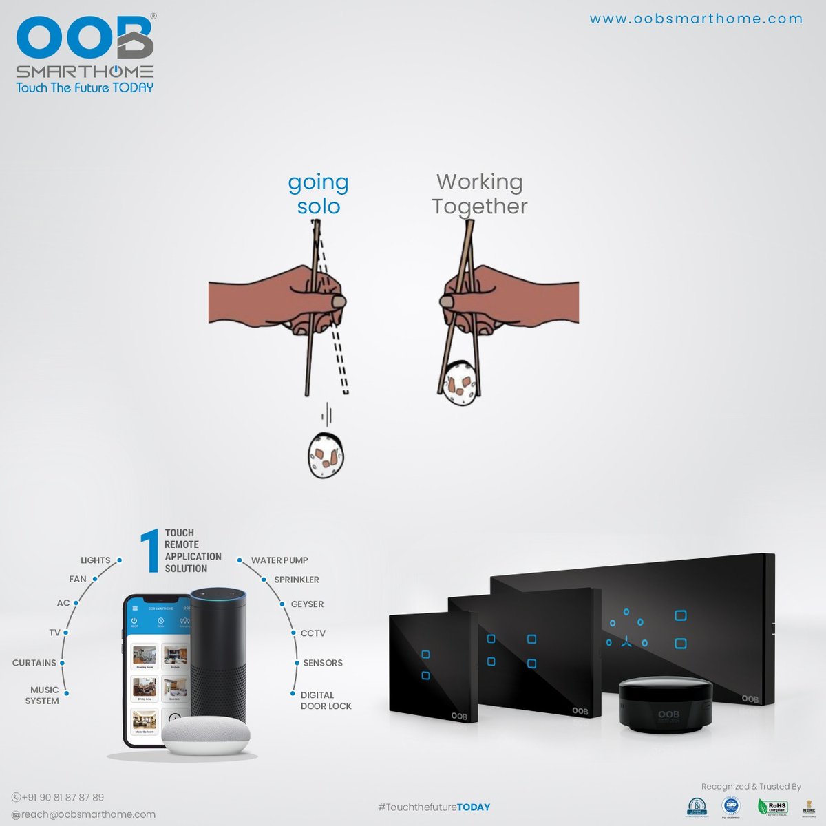 OobSmartHome's tweet photo. OOB Smarthome- going solo or working together#smarthome
.
for quick inquiry call on: +91 9081 8787 89
.
#oobsmarthome #connectedhome #smarttechnology #innovation #luxuryhomes  #smarthomesystem  #homeautomation #touchswitch #TouchSwitches #DesignerTouchSwitches #InteriorDesign https://t.co/DcEJiTBbze