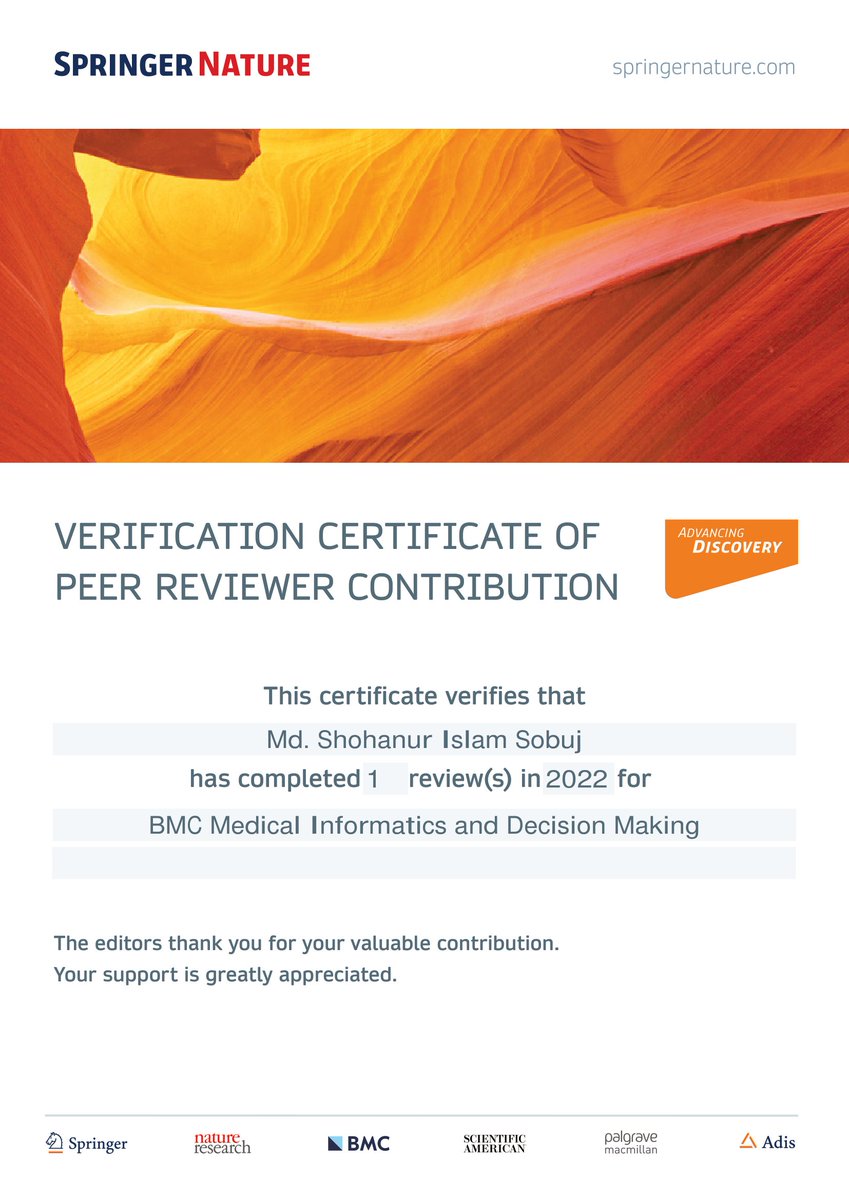 Alhamdulillah😇 I am thrilled to finally receive the Reviewer Certificate from Springer Nature, recognizing my contributions as a Peer Reviewer in upholding the quality and integrity of scientific research. Thank you for this prestigious recognition! #PeerReview #SpringerNature