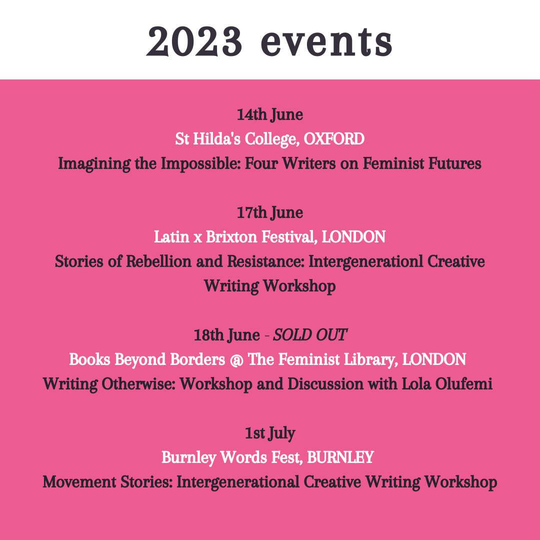 Hello world - got these 4 events coming up in Oxford, London and Burnley. All are FREE and three are ✨ creative writing workshops ✨ for joyful, collaborative and politically radical work… bring you bestie, auntie, elder or younger 💖💖 I’d love to see you there. Links below.