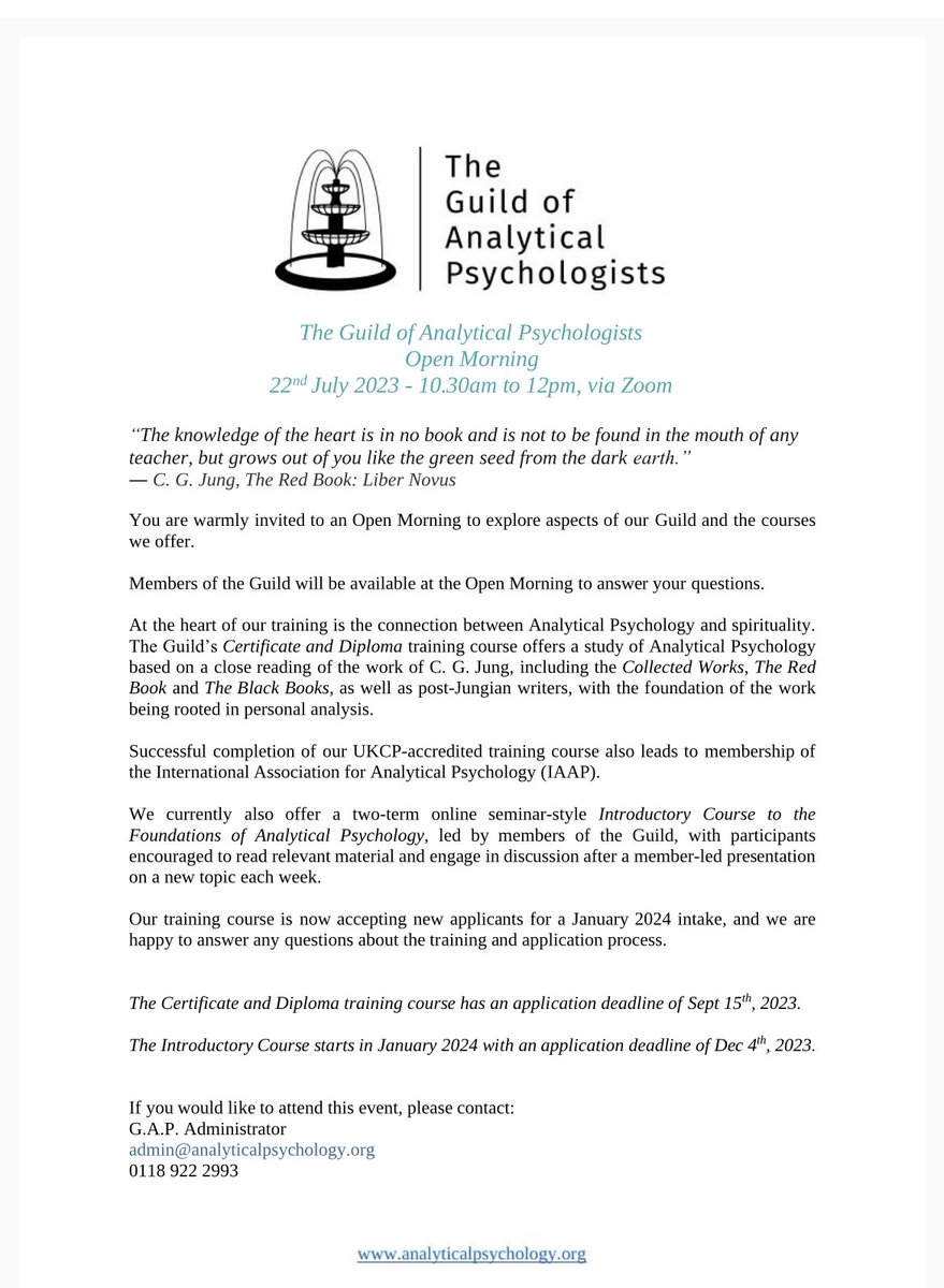 If you’re interested in developing your knowledge of Jung and his work, please come along to our online open morning 😁