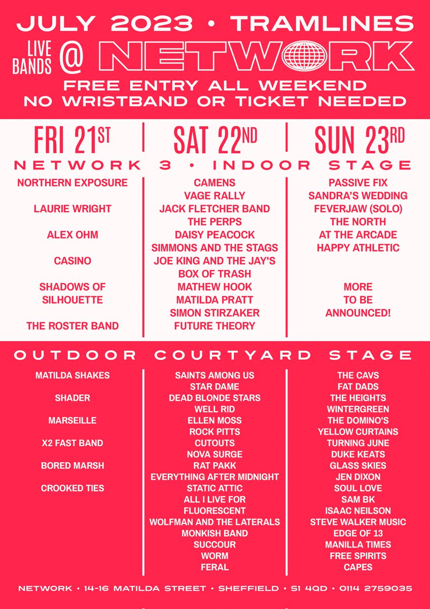 ****TRAMLINES FRINGE**** FREE ENTRY EVENT @Network_Sheff July 21/22/23rd Don't miss over 100+ Bands and artists showcasing their music so come and join us. #tramlinesfringe