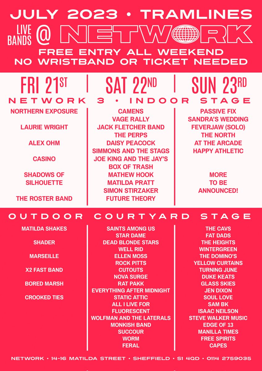 ****TRAMLINES FRINGE****

FREE ENTRY EVENT <a href="/Network_Sheff/">Network_Sheffield</a> July 21/22/23rd 

Don't miss over 100+ Bands and artists showcasing their music so come and join us.

#tramlinesfringe