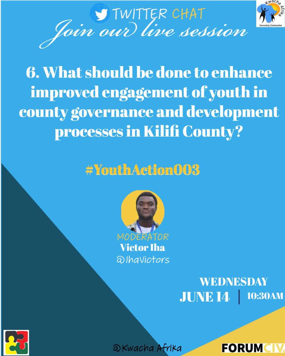 IhaVictors's tweet photo. 6. As we wrap up, what should be done to enhance improved engagement of youth in county governance and development processes in @KilifiCountyGov ?

#YouthAction003 https://t.co/ylv45ohEdw