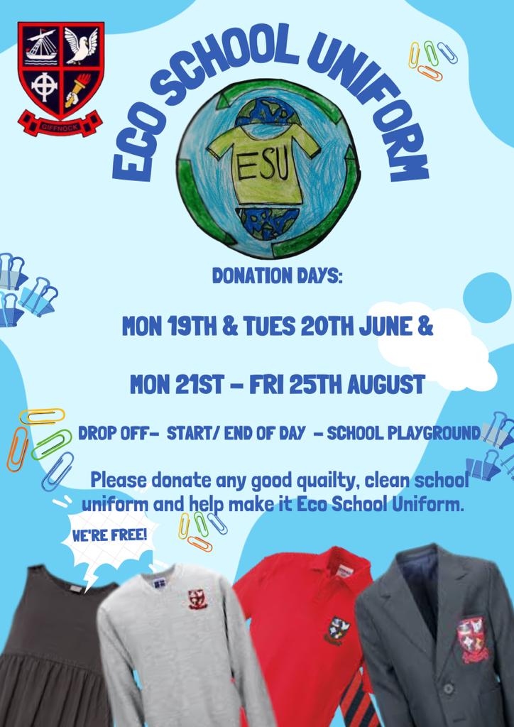 Our Eco School group will be collecting uniform donations on the days below