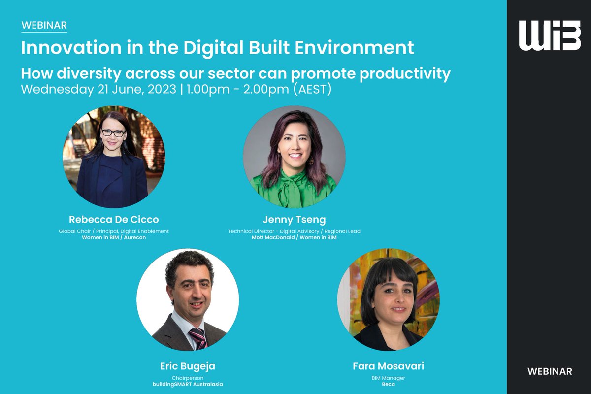 WEBINAR: Innovation in the #Digital #BuiltEnvironment – How #diversity across our sector can promote productivity. 

This one is a must attend! #womeninbim #webinar Wednesday 21 June, 1.00pm AEST
womeninbim.org/event/women-in…