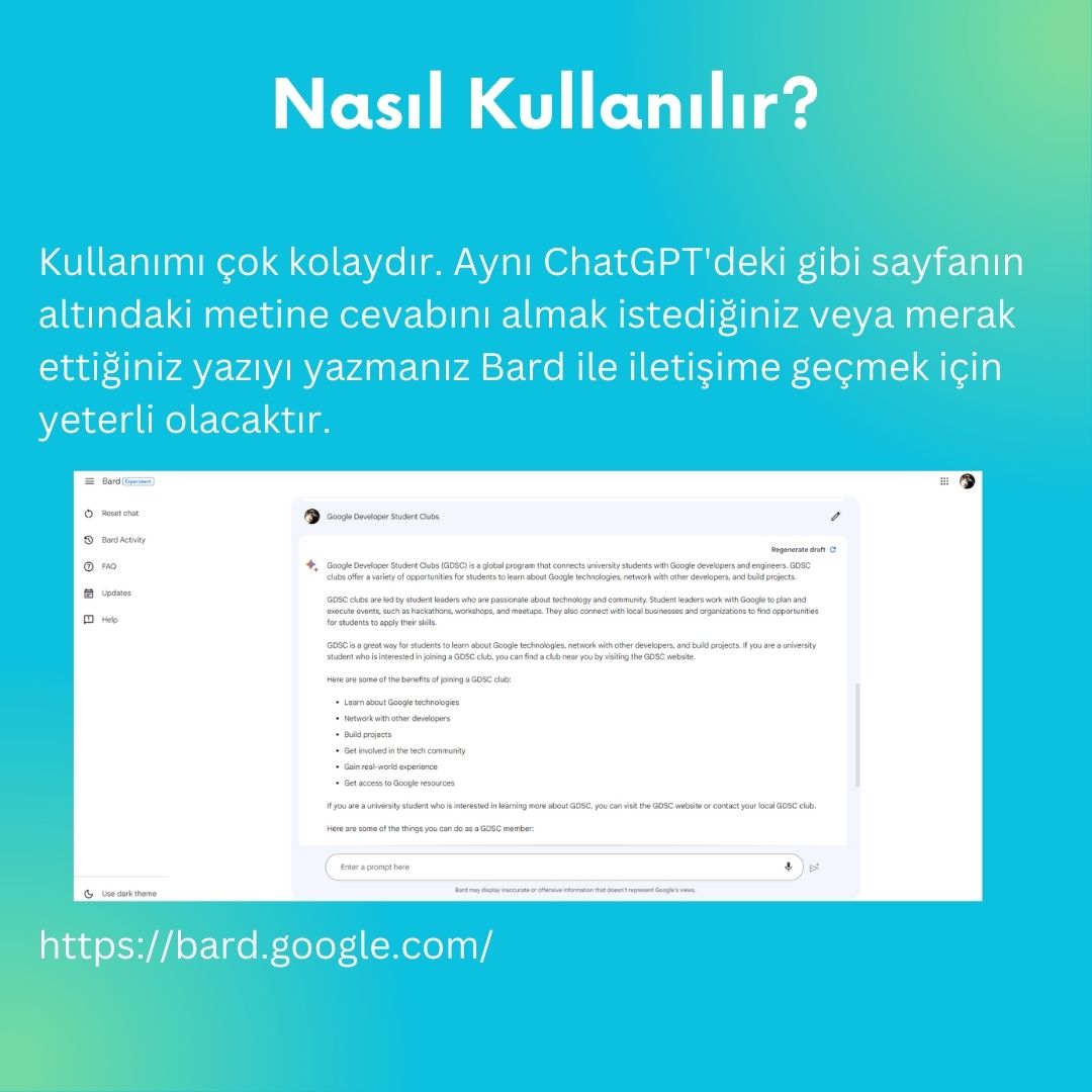 DSCHacettepe's tweet photo. Yapay zeka serimizin ikinci postuyla karşınızdayız. Google Bard nedir?🤖🌟

#gdsc #google #googlebard #bard #googledeveloperstudentclubs #ai https://t.co/PzKdYqubdk